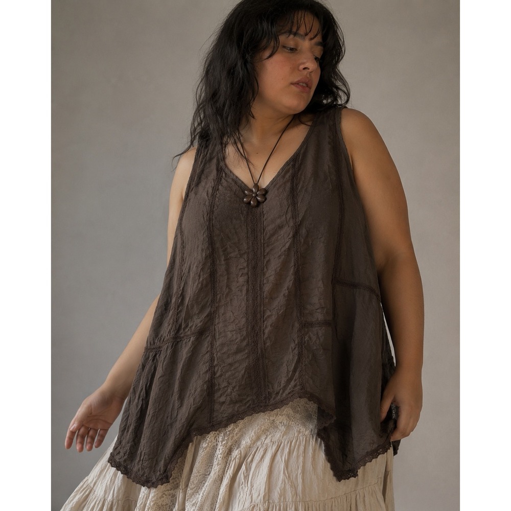 Spense Asymmetrical Top Women 2X Brown Lace Trim Flowy Whimsical Fairy Boho Tank